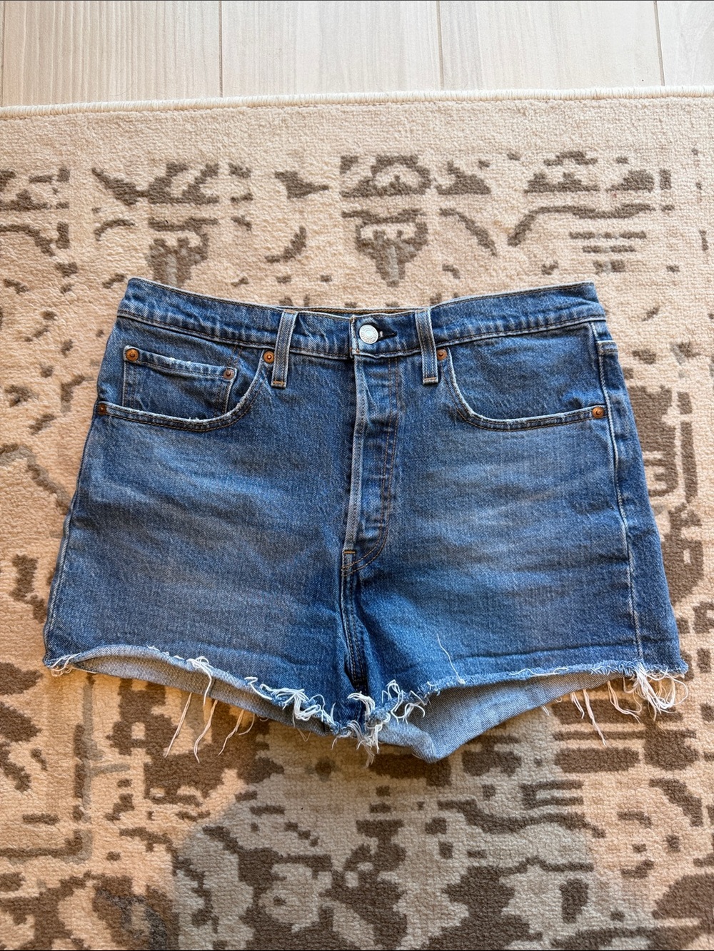 Levi's Frayed Hem Mid-Blue Denim Shorts